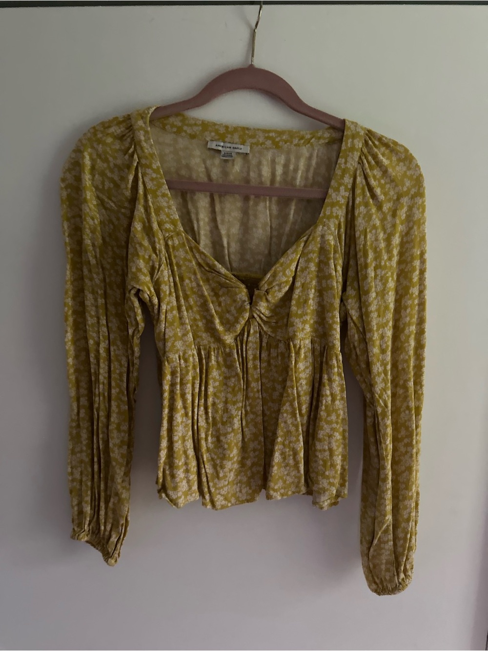 American Eagle Yellow Floral Twist-Front Long Sleeve Top
